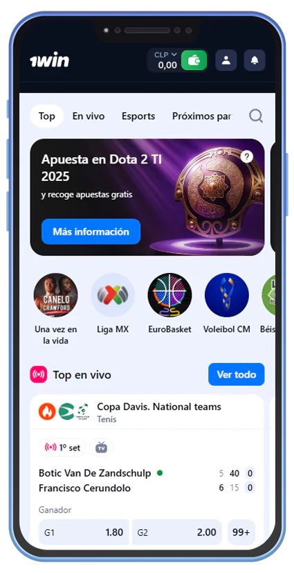Captura de pantalla de la sección de apuestas en la aplicación 1Win