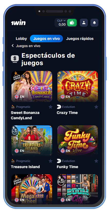 Captura de pantalla de la sección de juegos en vivo con crupier en la aplicación 1Win