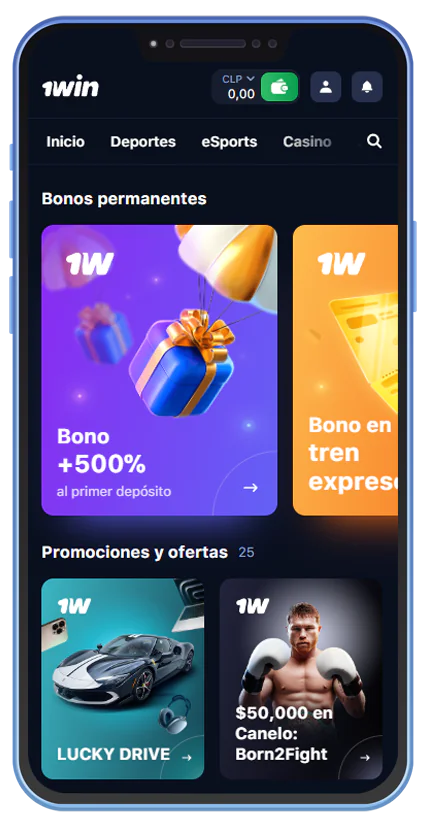 Captura de pantalla de la sección de bonificaciones en la aplicación 1Win