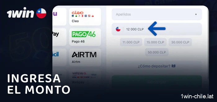 Indique el importe de la recarga en el casino 1Win