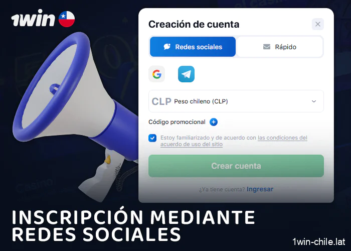 Método de registro a través de redes sociales en 1Win Chile